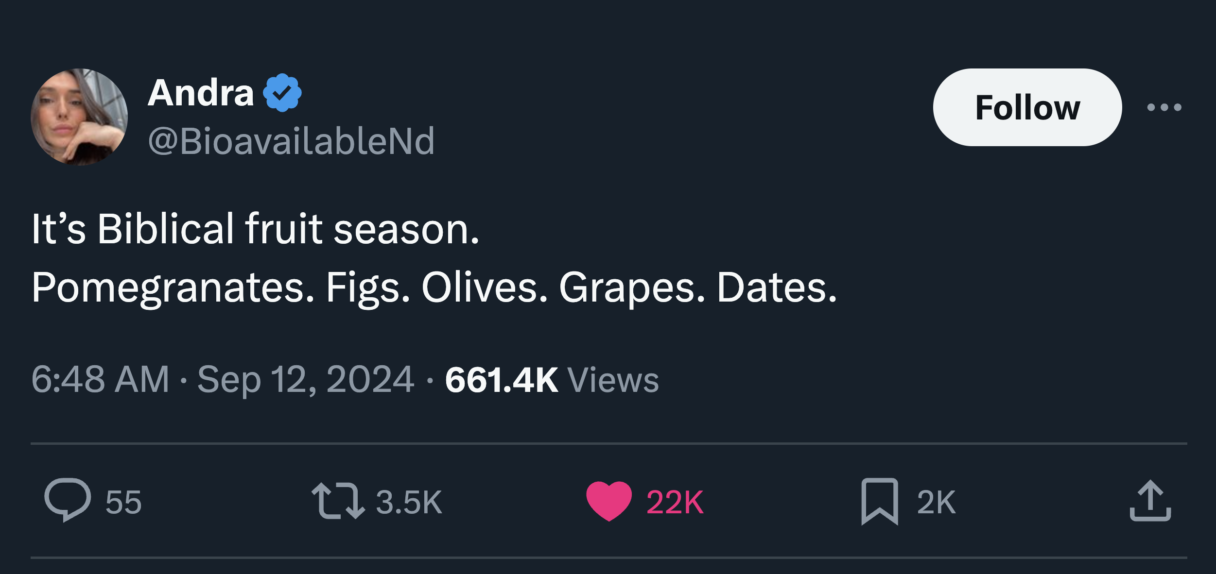 screenshot - Andra It's Biblical fruit season. Pomegranates. Figs. Olives. Grapes. Dates. Views . > 55 22K 2K